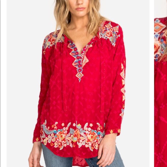Johnny Was Tops - Johnny Was red embroidered shirt